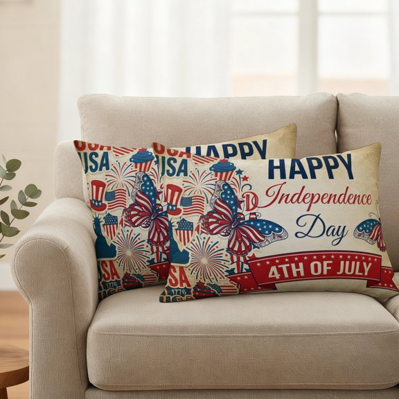 Retro 4th of July Butterfly Waterproof Throw Pillow Covers Set of 2 Vintage American Flag Theme Outdoor Cushion Cover Pillow Protector Decorative Pillowcases for Bed Sofa Couch