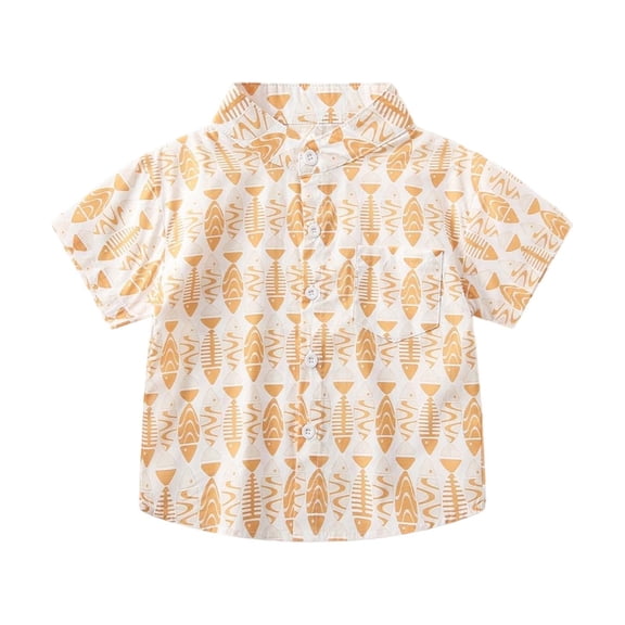 Hienoo Infant Boys Fish Print Short Sleeve Shirt Summer Casual Mock Neck Button Up Shirt