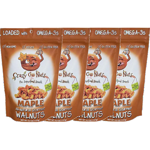 Crazy Go Nuts AllNatural Gourmet Maple Walnuts, NonGMO, Vegan and Gluten Free, 4Pack Bags