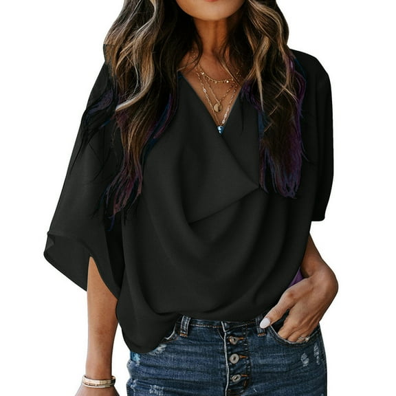 Summer Xqxayjr Women's Cowl Neck Batwing Sleeve Tunic Tops Summer Tops Under $10 Loose Fitting Chiffon Tshirts Solid Color Plus Size Cute Spring Blouses Valentines Day Gifts for Her