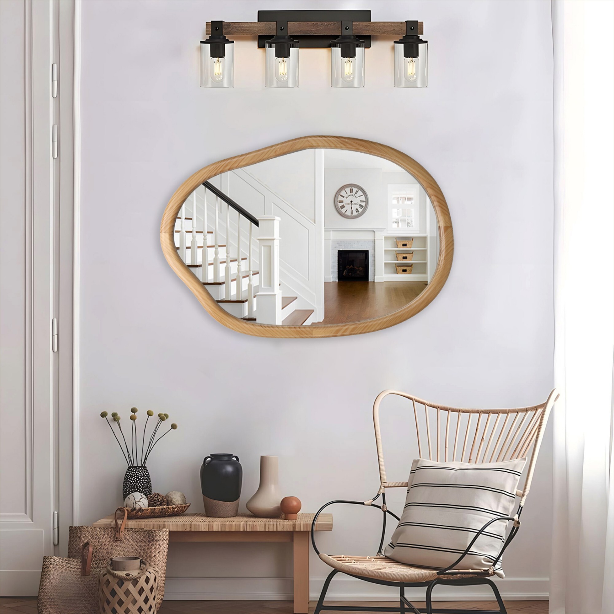 AENKYO Modern Irregular Wavy Mirror, Asymmetrical Wood Frame Decorative Wall Mirror for Bedroom & Living Room, Natural