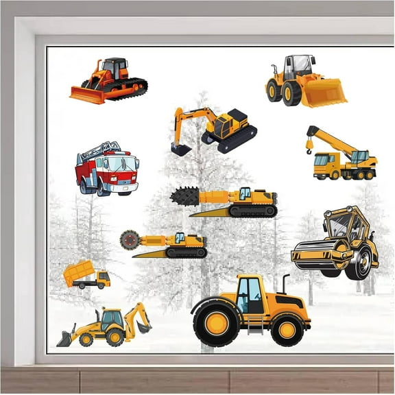46x15/116x38cm Large Construction Vehicles Wall Stickers Double Sided Trucks Window Decals Excavator Window Stickers Non Adhesive Static Vinyl Film