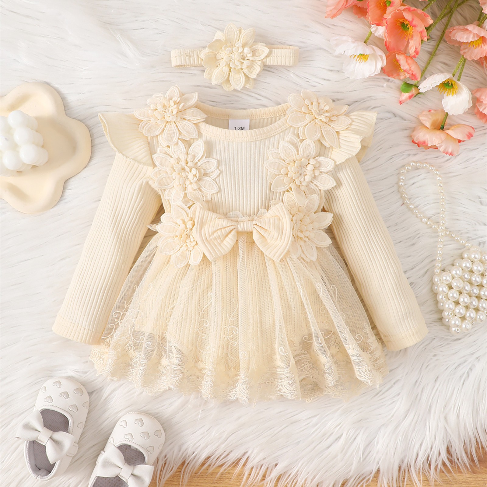 Mercatoo Toddler Baby Girl Floral Lace Romper Dress Headband Toddler First Birthday Baptism Outfits Princess Jumpsuit Bodysuit