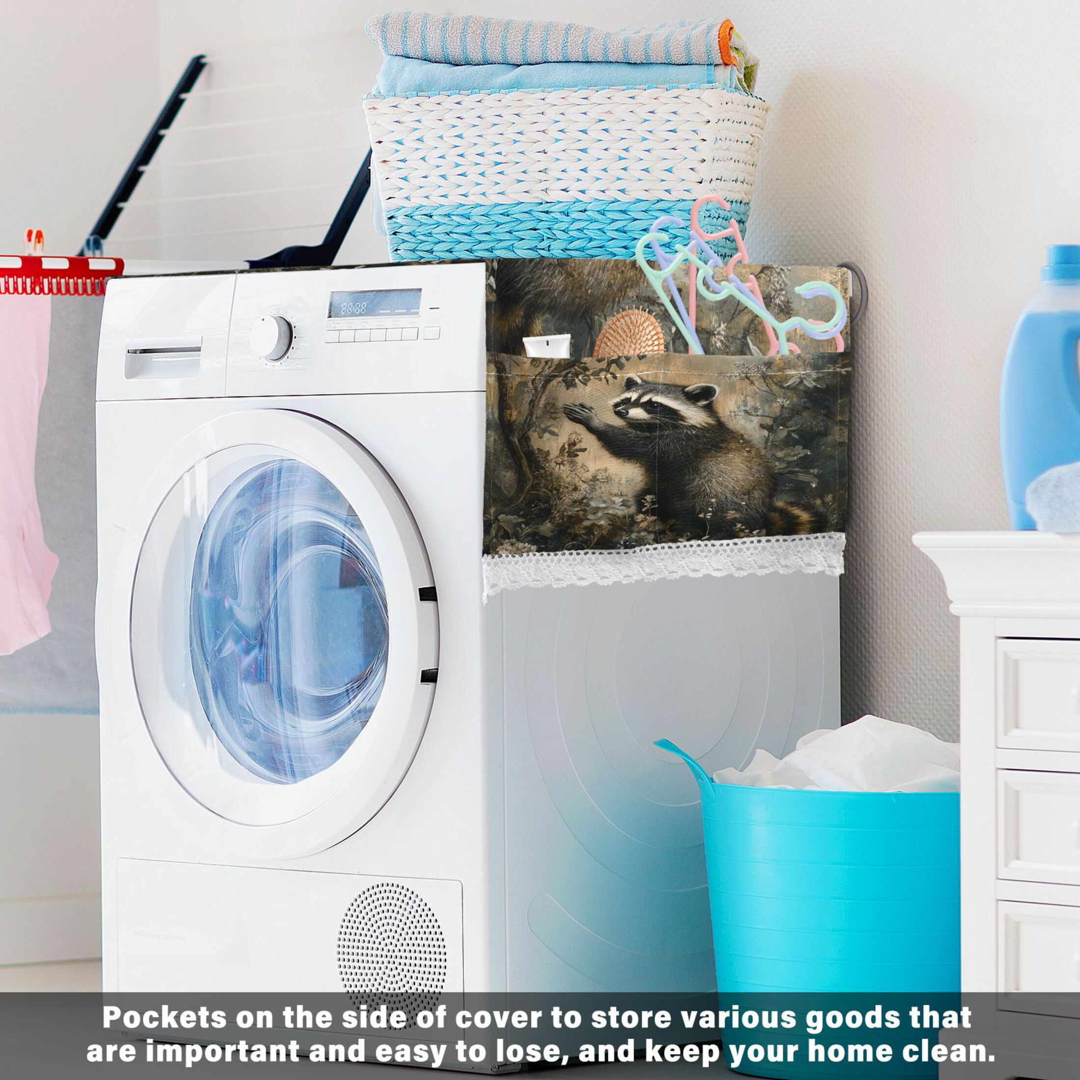 The Cute RaccoonWasher and Dryer Covers Dust-Proof and Oil Resistant Fridge Cover with 4 Storage Pockets Washing Machine Top Cover for Laundry Kitchen Home 51.2 x 22 In