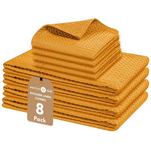 Native Fab Cotton Kitchen Towel & Dish Cloth 8 Piece Set - Machine Washable, Absorbent & Durable Towels for Cleaning, Cooking, Baking - Ideal for Home, BBQ, Everyday Use - Mustard Yellow