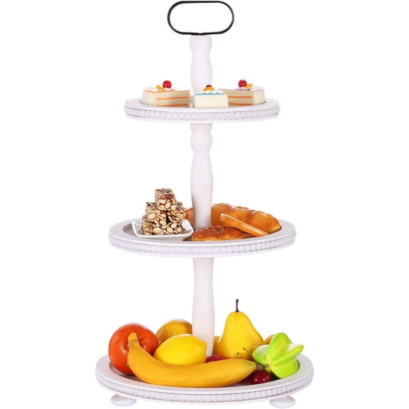 Wooden Tiered Tray 3-Tier Decorative Tray Stand Farmhouse Serving Tray, Round Wooden Cupcake Display Stand with Metal Handle, White Tiered Fruits Tray for Home Party Decorations