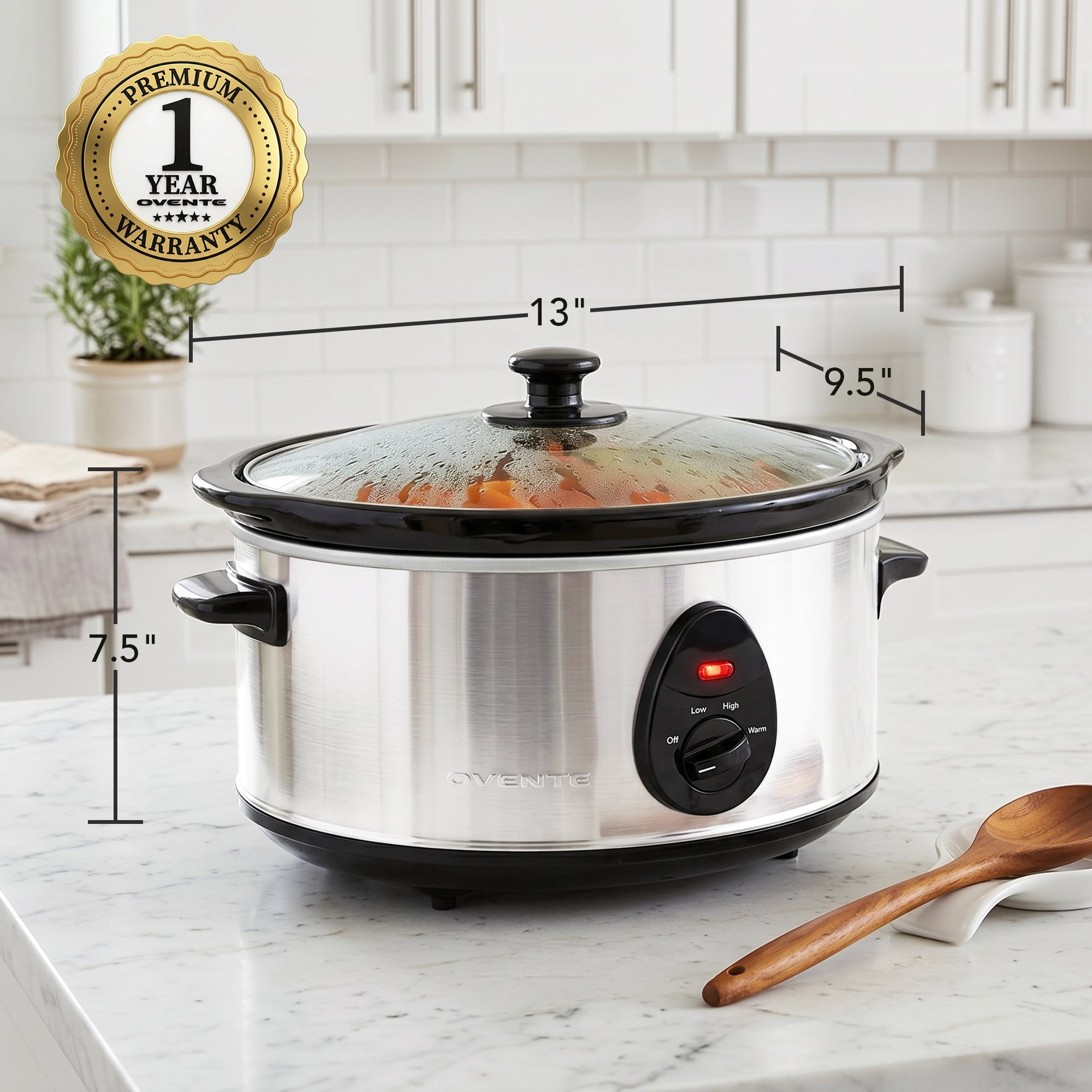 OVENTE Electric Slow Cooker with 3 Cooking Settings, Non-Stick and Dishwasher Safe Stoneware, Stainless Steel Body, Glass Lid 3.7 Qt Oval Pot for Entrees, Soups, Sauces, Stews & Dips, Silver SLO35ABR