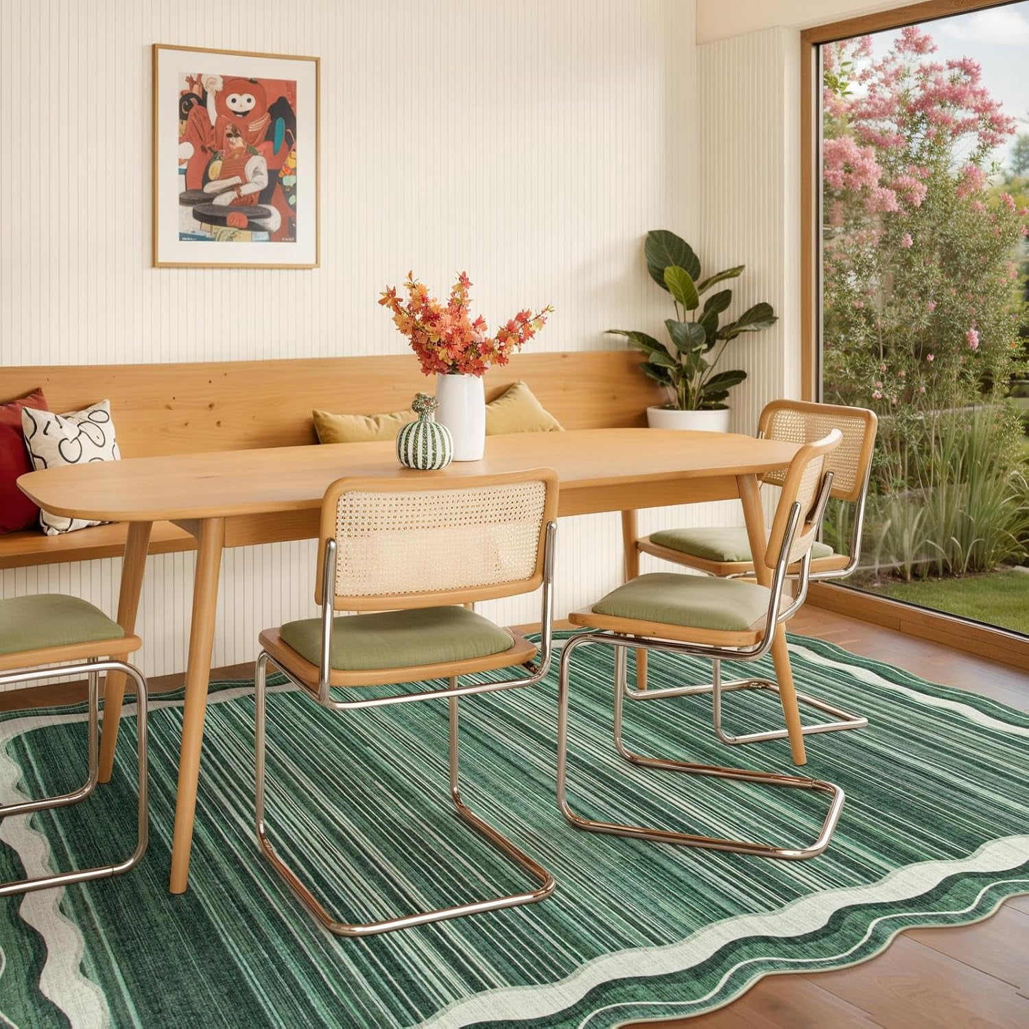 Wonnitar 8'x10' Scalloped Large Area Rug for Living Room, Washable Striped Bedroom Rug, Green Wavy Modern Rug for Dining Room, Home Office, Non Slip Soft Low Pile Stain Resistant