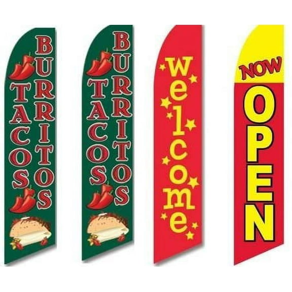 4 Swooper Flags Mexican Food Restaurant Tacos Burritos Open Welcome Red Green