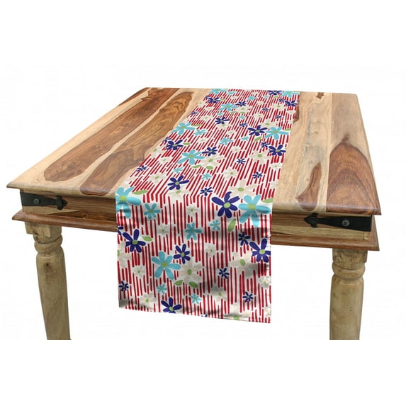 Spring Table Runner, Colorful Flower Petals Blossoms on Vertical Scrapbook Style Stripes Meadow, Dining Room Kitchen Rectangular Runner, 3 Sizes, by Ambesonne