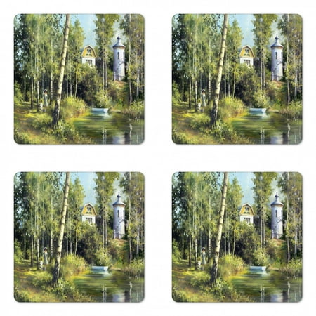 

Nature Coaster Set of 4 Rural Scenery with an Old House Lake and Retro Tower Countryside Village Picture Square Hardboard Gloss Coasters Standard Size Green by Ambesonne
