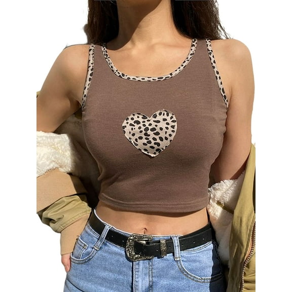 KOMOO Women Tank Crop Top Mushroom Heart Print Camisole Tank Top Sleeveless Strap Slim Vest Tee