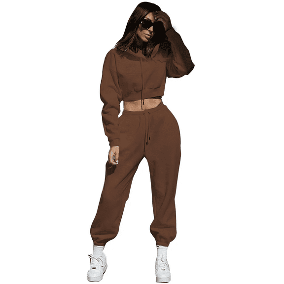 Women's 2-Piece Fleece-Lined Tracksuit Set, Cropped Hoodie with Jogger Pants, Casual Athletic Style, Brown - Large