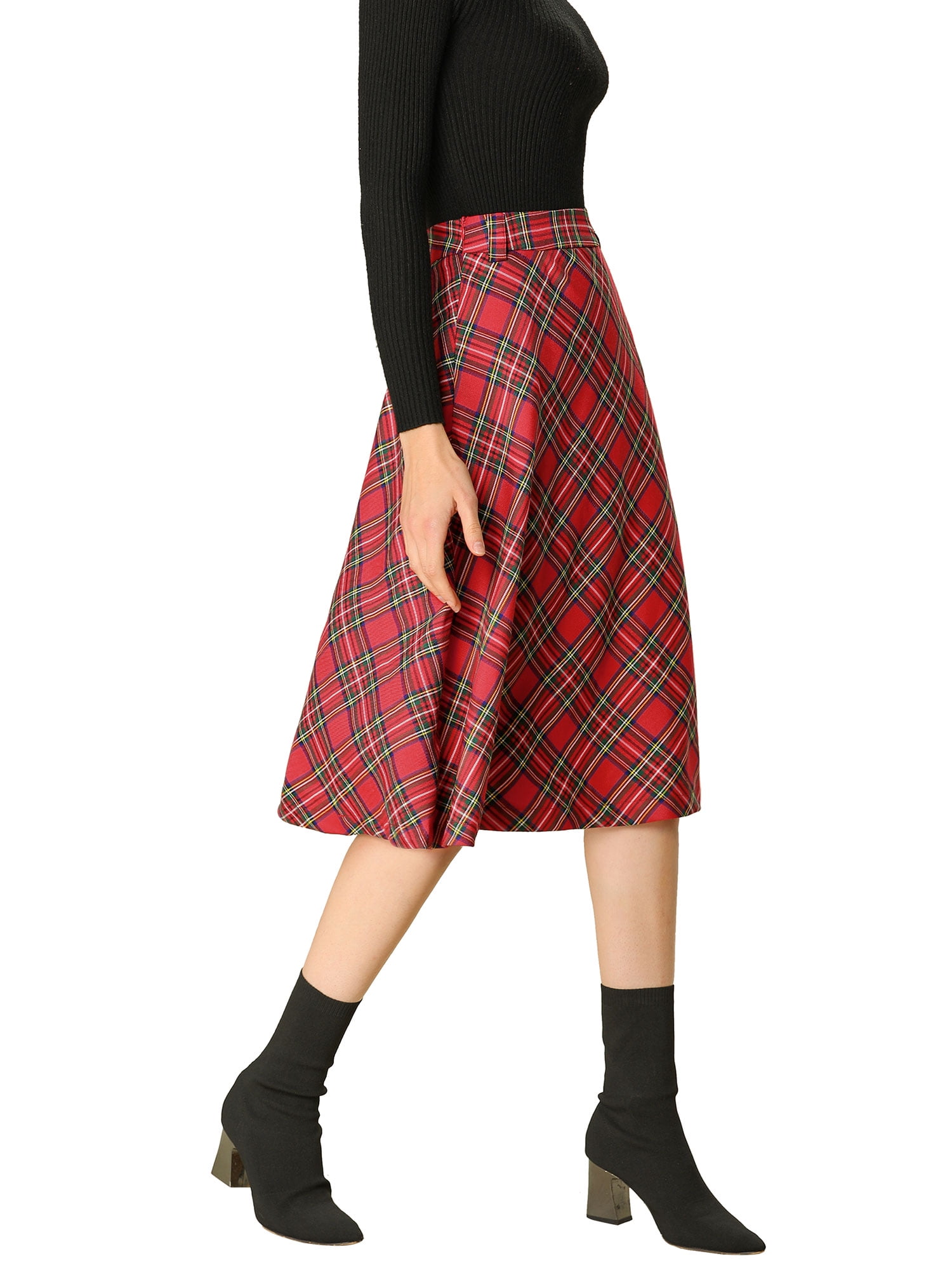 DARING DIVA Women's Plaid Belted Vintage A-Line Midi Skirt M Red