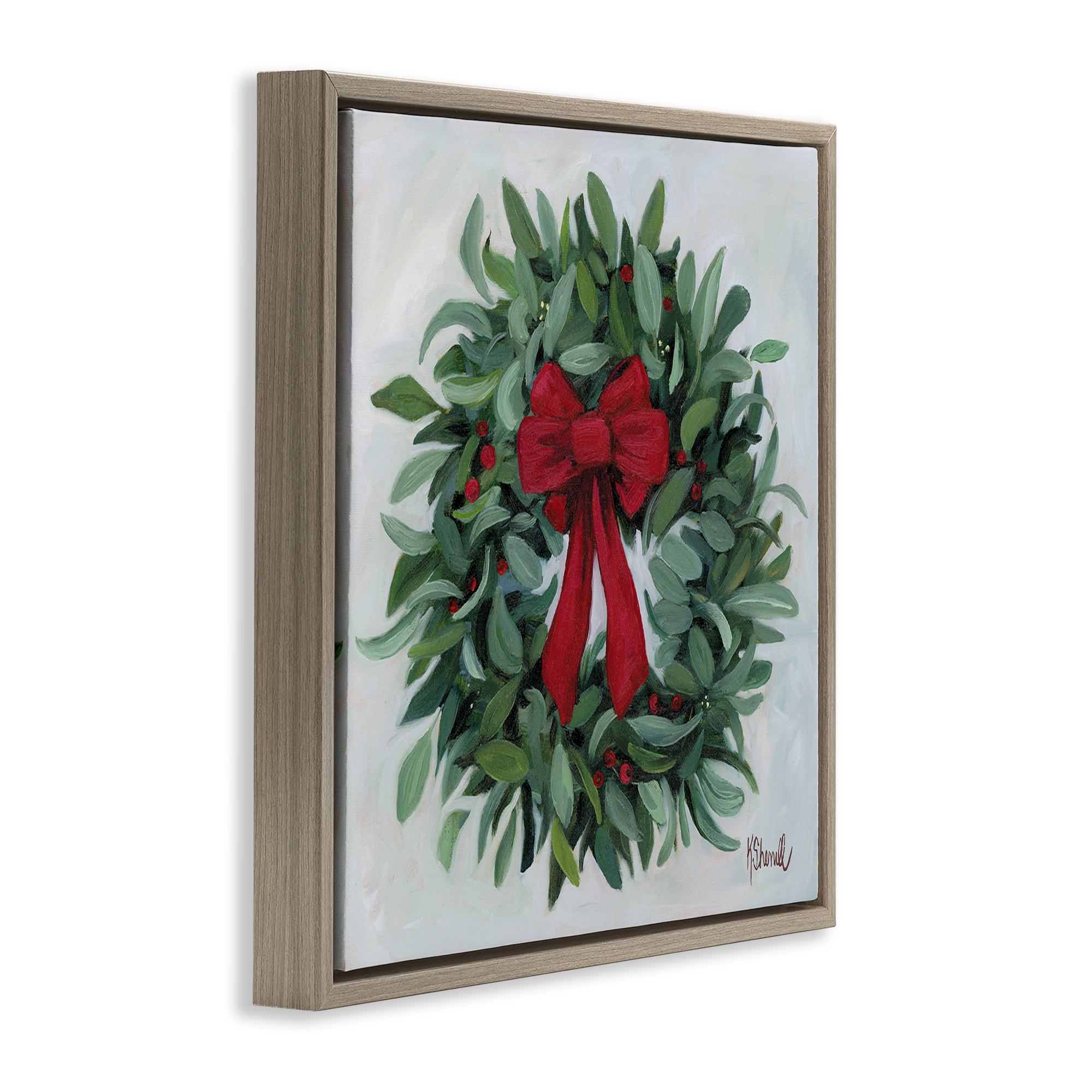 Stupell Industries Wreath with Red Bow Holiday Painting Brown Floater Framed Canvas Art Prints Wall Art, 25 x 25