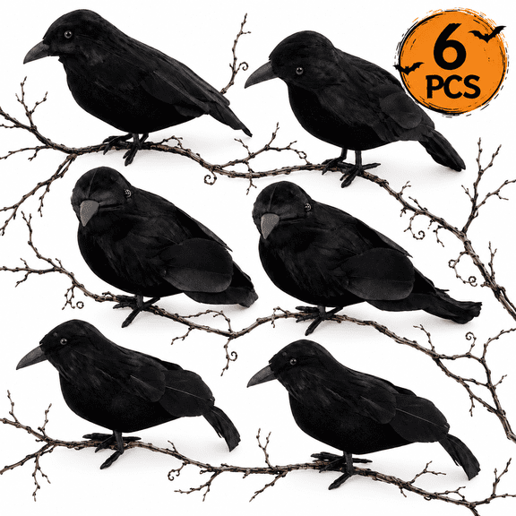Halloween Crows Hallowee Birds Fake Crows Decoration Black Feathered Crows Realistic Looking Halloween Party Favors 6Pcs