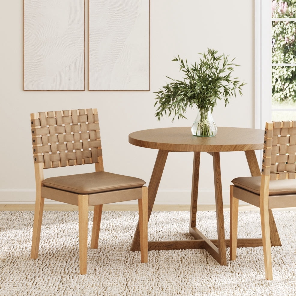 Nathan James Cohen 19 in. Wood Dining Chair, Mid-Century Modern Upholstered Side Chair with Hand Woven Faux Suede Backrest, Natural Brown, Set of 2