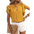 thumbnail image 1 of Daeful Ladies Blouse Double Layer Ruffles Short Sleeve Shirts Office V Neck Elegant Tops Yellow XL, 1 of 5