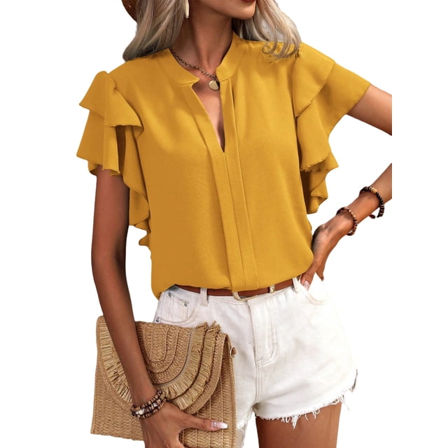 Daeful Ladies Blouse Double Layer Ruffles Short Sleeve Shirts Office V Neck Elegant Tops Yellow XL