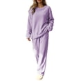 thumbnail image 2 of ABSUYY Womens Oversized 2 Piece Ribbed Fleece Loungewear Set Crew Neck Long Sleeve Straight Leg Pants Purple,Size Free Size, 2 of 5