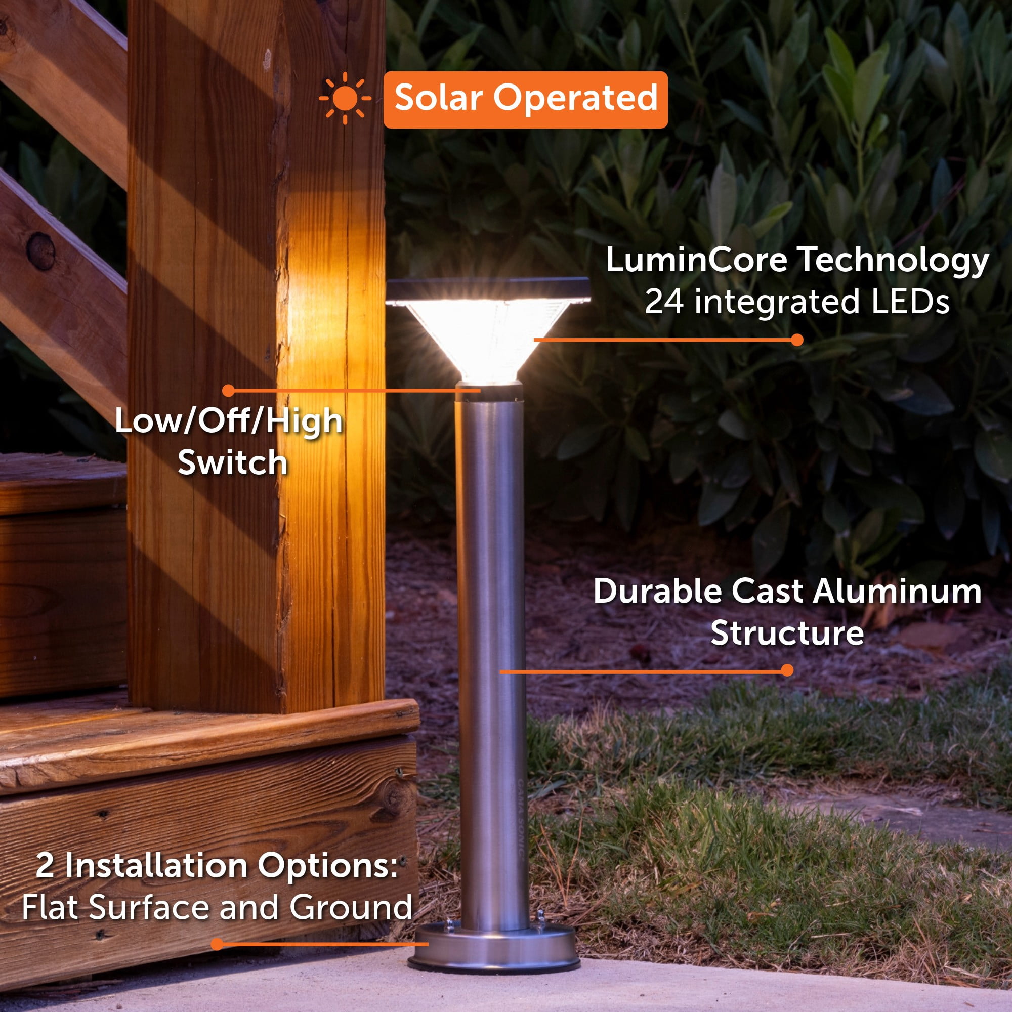 Luxor Stainless 50 Lumen Steel Black Bollard Solar Light Waterproof Outdoor Landscape Garden Pathway with Warm White LED