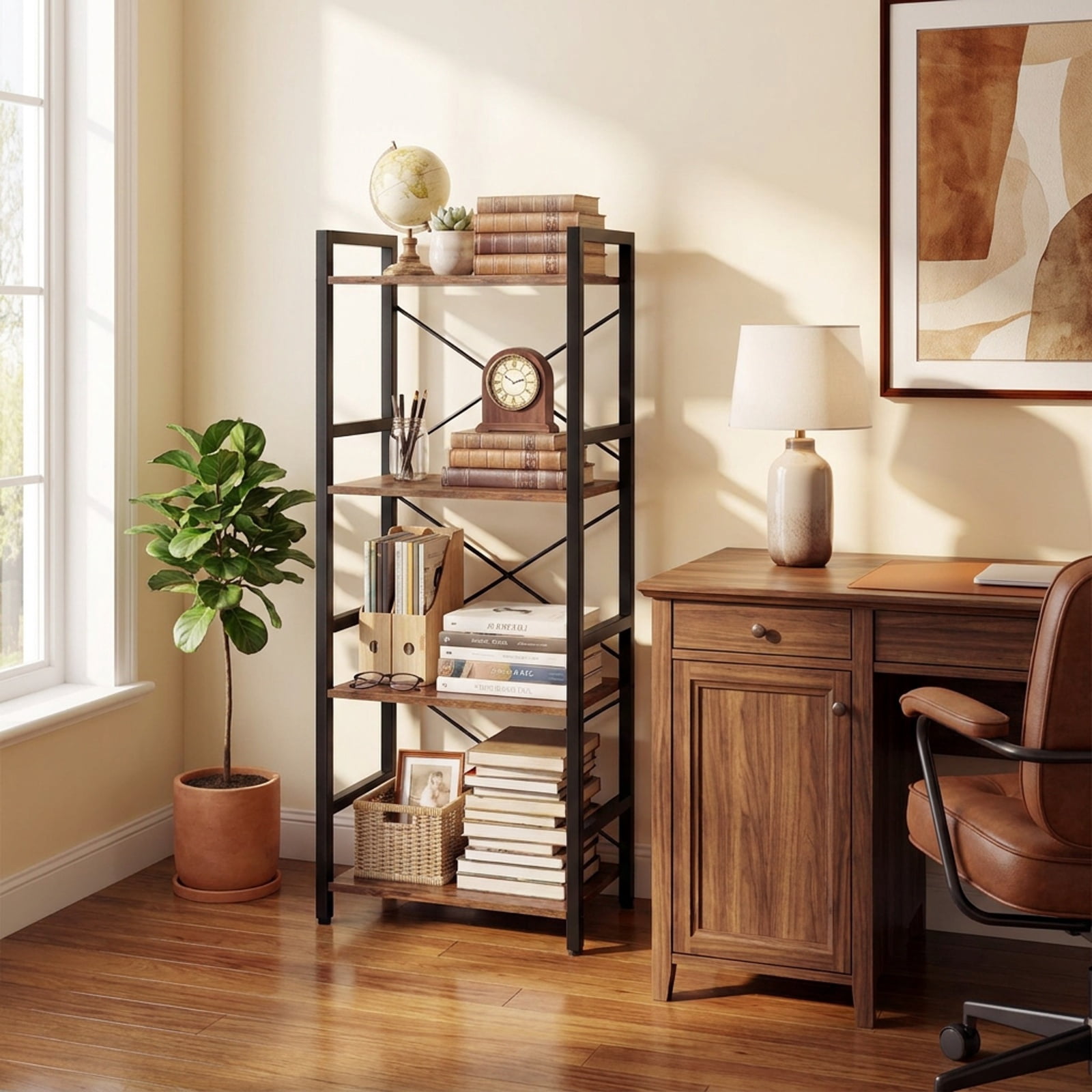 Furnibear 4-Tier Bookshelf Narrow Freestanding Display Shelf with Metal Frame for Living Room Home Office Bedroom Display Storage Shelf, Rustic Brown