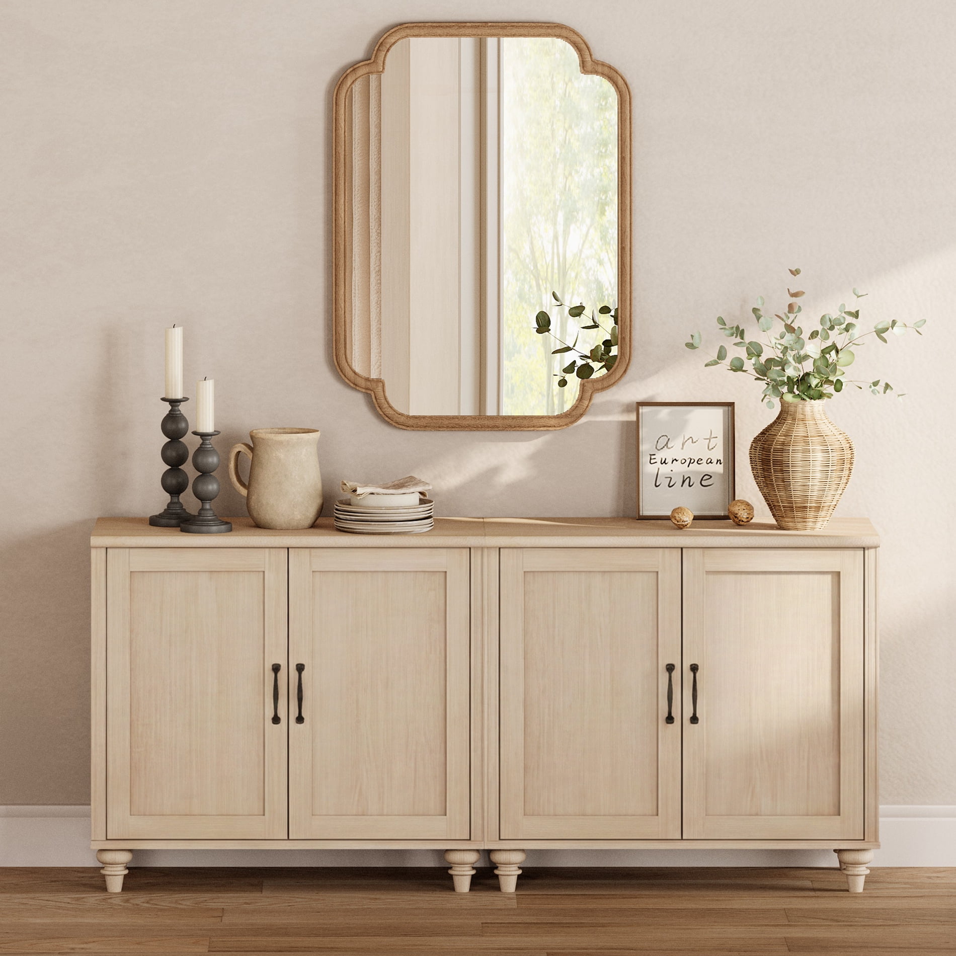 Modern Farmhouse Credenza, 68" Beige Storage Sideboard with Wood Doors