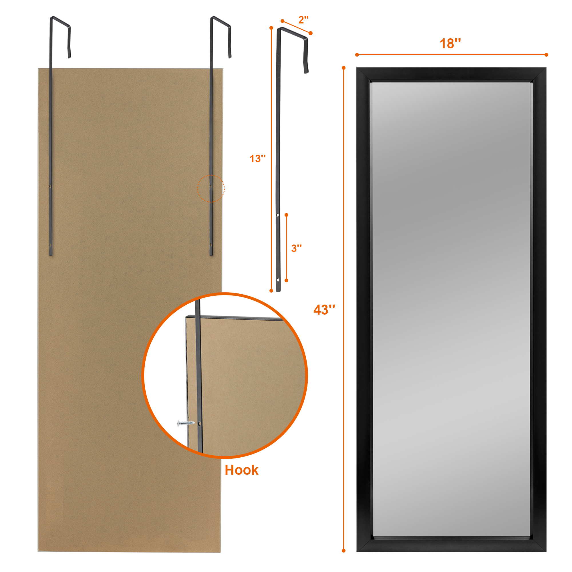 43"*18" Full Length Over the Door Mirror Rectangle Hanging Mirror for Bedroom Living room Black