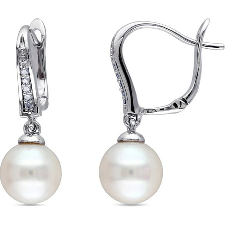 Miabella 8-8.5mm White Round Cultured Freshwater Pearl and Diamond-Accent Sterling Silver Leverback Earrings