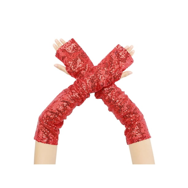 INSPIRAR CHIC Guantes de brazo sin dedos extra largos con lentejuelas brillantes para fiesta, rojos, talla única