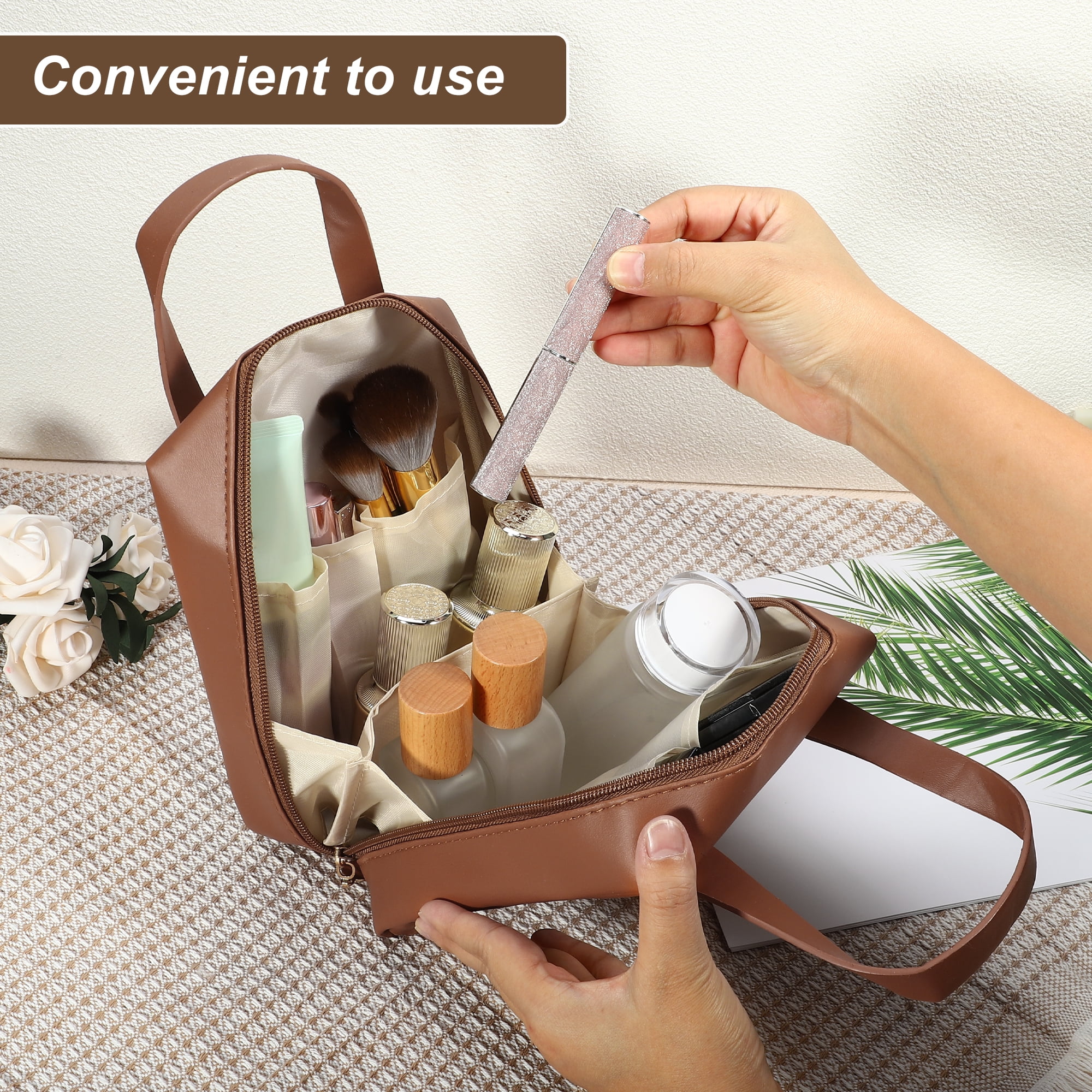 Unique Bargains Portable Makeup Bag Large Capacity Travel Makeup Pouch with Handle Brown