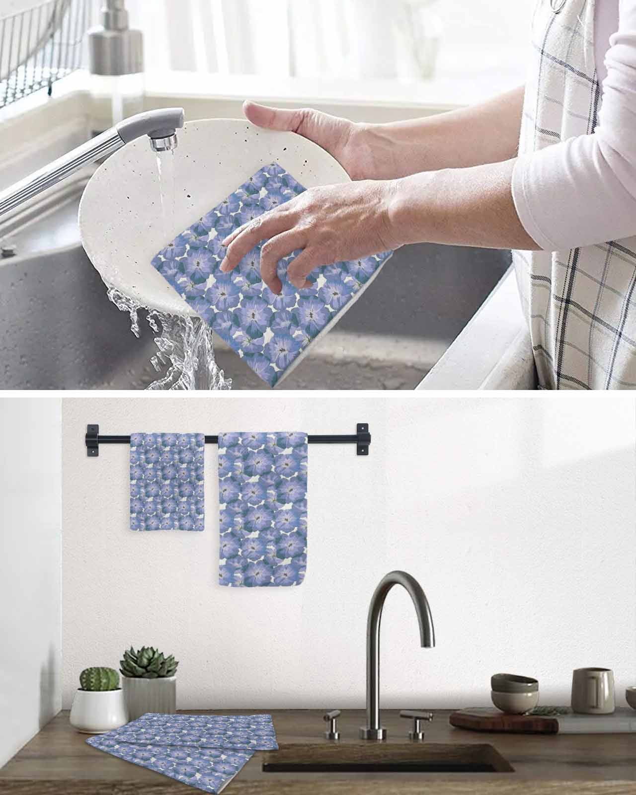 Purple Flower Kitchen Dish Towels for Drying Dishes Set of 3, Spring Floral Country Pastoral Garden Waffle Weave Microfiber Terry Hand Tea Bathroom Towels Quick Dry & Absorbent Towel 15.7x23.6
