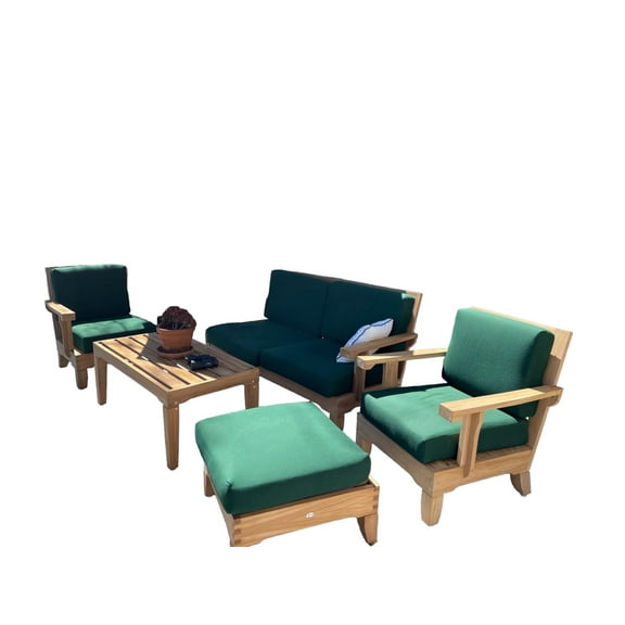 Caranas 5 Pc Sofa Set: Sofa, 2 Lounge Chairs, Ottoman & Coffee Table With Cushions in Sunbrela Fabric #5446 Forest Green