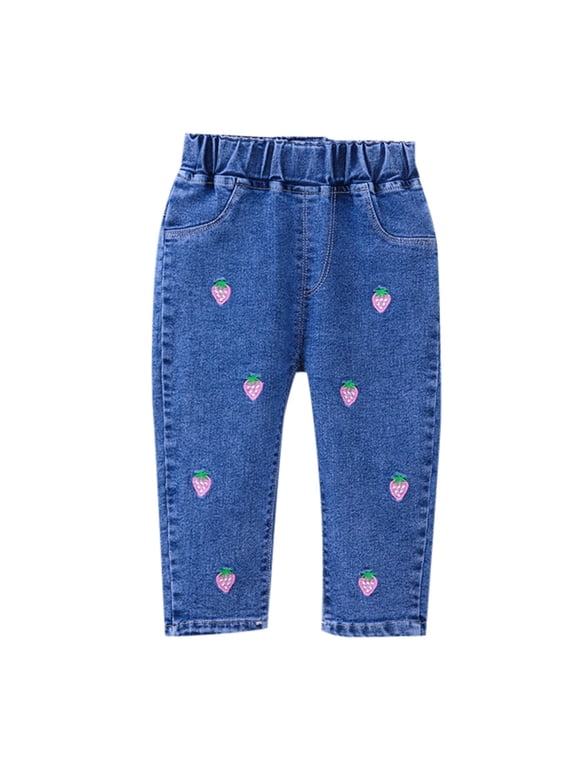 Girls Jeans Toddler Denim Pants Embroidery Strawberry Pattern Print Elastic Waist Kids Trousers with Pockets(120 4-5 Years,Pink)