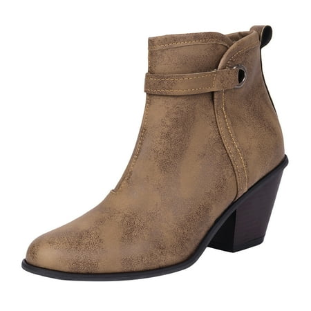 DVKOVI Womens Professional Shoes Western Ankle Boots for Women 2024 Autumn and Winter Western Boots Side Zipper Solid Color Short Boots Pointed Thick High Heel Belt Buckle Short Boots Khaki 41