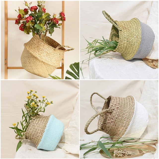 Xihbxyly Cesta de Mimbre de Algas Marinas, Maceta Tejida a Mano, Diseño Plegable para Ahorrar Espacio, Material Natural, Opciones de Color Azul, Beige, Blanco y Gris, Decoración Del Hogar, Tamaño 22