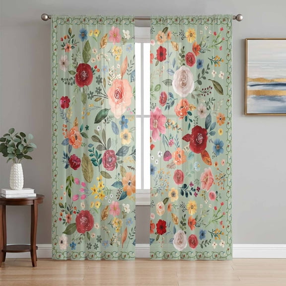 Sheer Curtains 63 Inches Long, Sage Green Floral Light Filtering Window Curtains for Living Room/Bedroom, Spring Flowers Leaves Farmhouse Rod Pocket Voile Sheer Curtain Drapes, 52"W x 63"L, 2 Panels