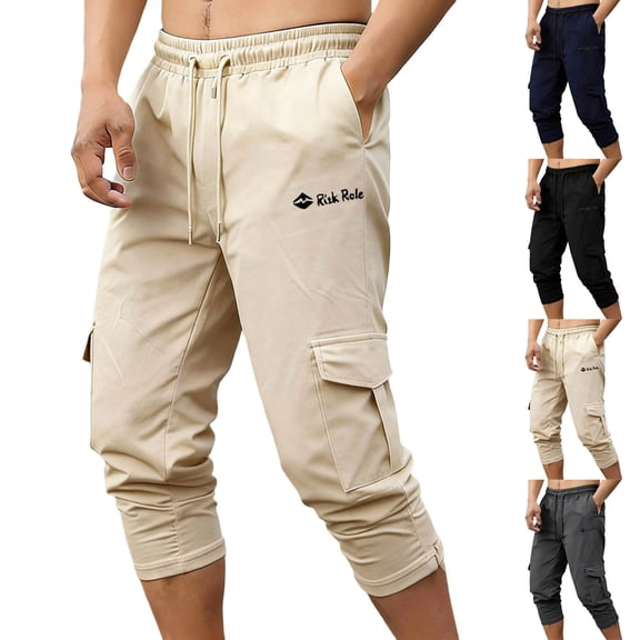 FRSASU Mens Workout Jogger 3/4 Capri Pants Drawstring Elastic Waist Running Pant with Multi Pockets Navy