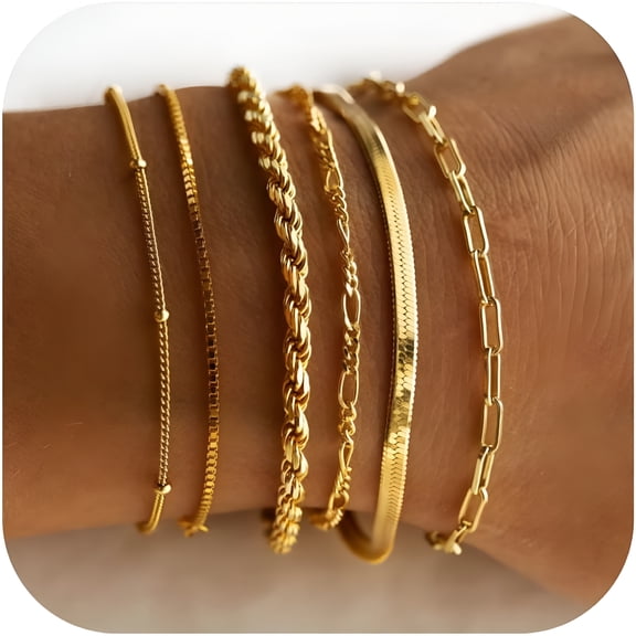 DESIGNICE Gold Bracelets for Women Waterproof 14K Real Gold Plated Bracelet Stack Set Non Tarnish Trendy Thin Dainty Stackable Cuban Link Paperclip Chain Bracelet Pack Fashion Cute Jewelry Set