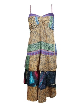 Mogul Women Boho Sundress, Strap Dress, Summer Dress, Multicolor Printed Silk Ruffled Dress, Spaghetti Strap Dress Bohemian Dresses S/M