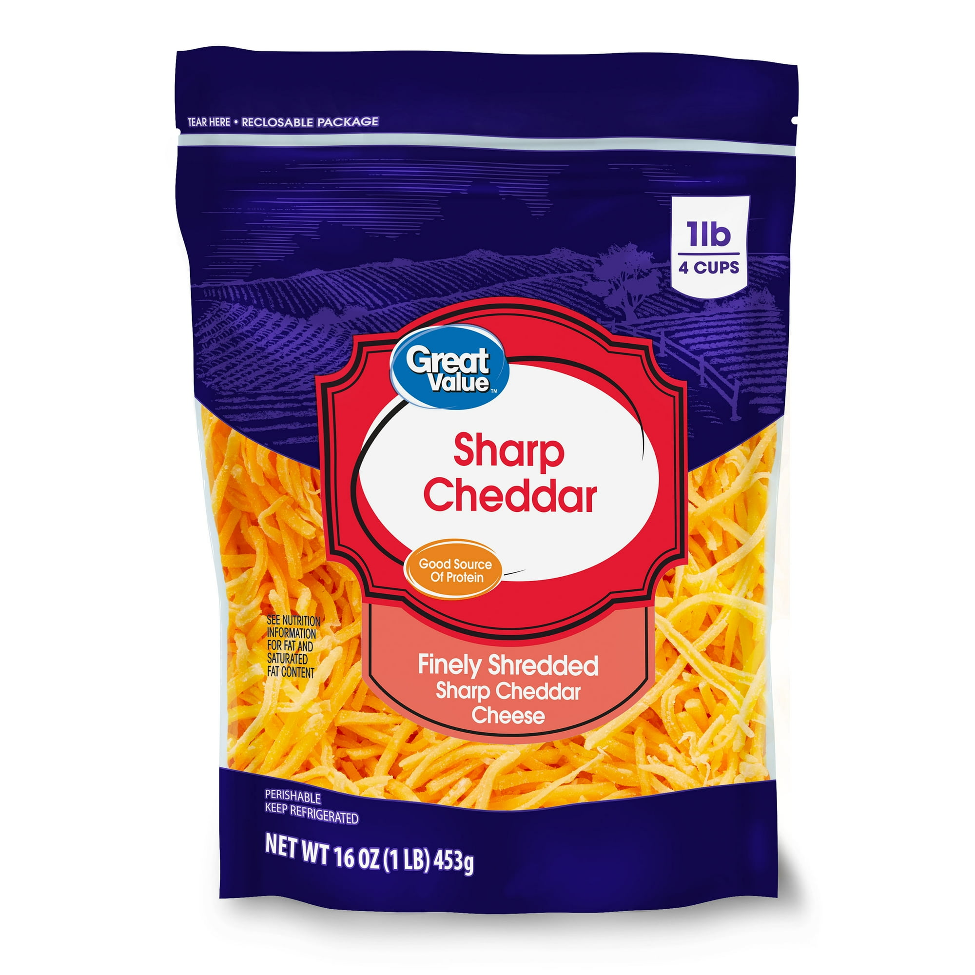 Great Value Sharp Cheddar Finely Shredded Cheese, 16 oz Bag