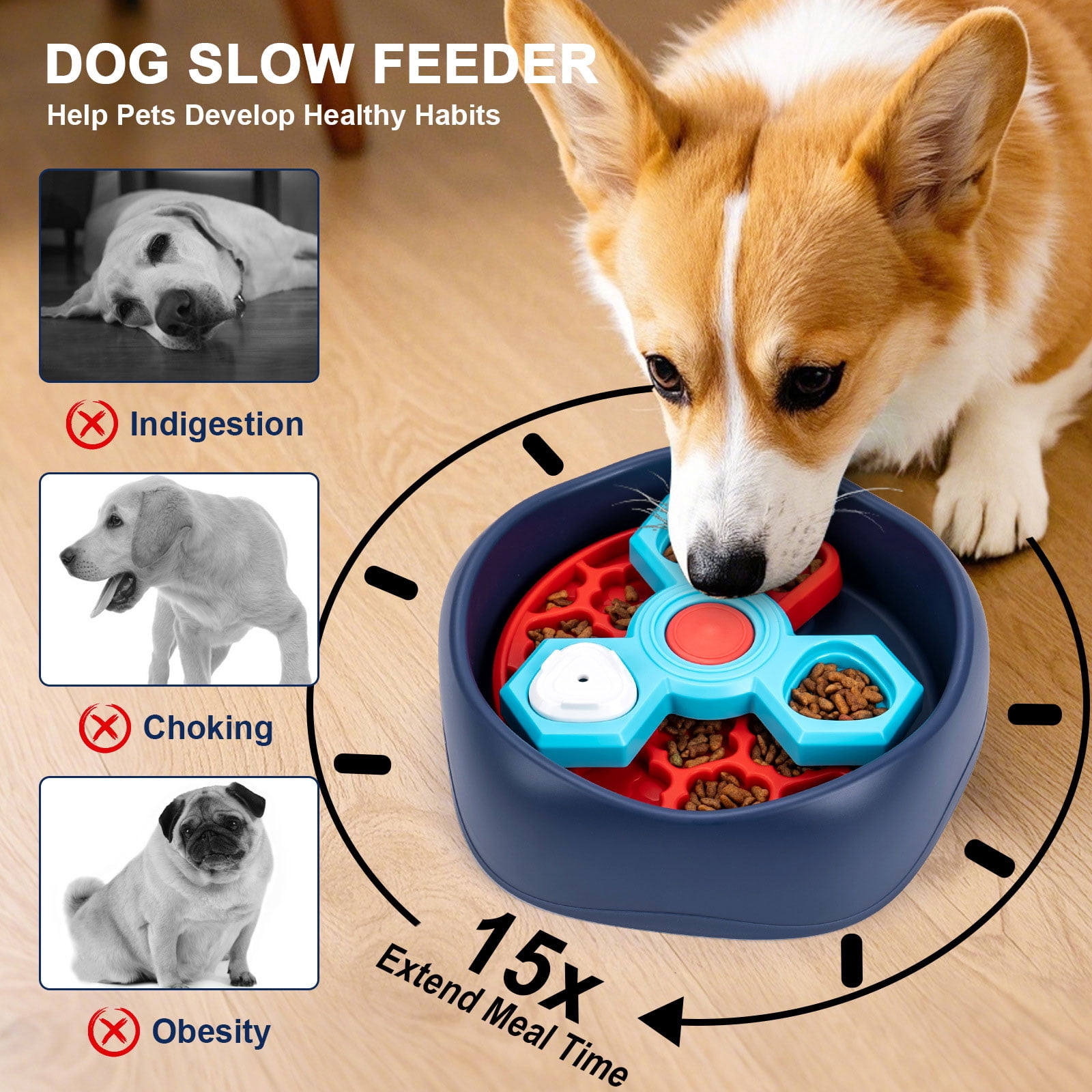 Large Capacity Slow Feed Dog Bowl With 3 Compartment Revolving Sections To Control Eating Speed
