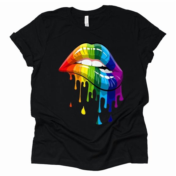 Rainbow Lip Bite LGBT Pride Month Gay Bi Trans Casual Short Sleeve Round Neck Tops T Shirt (Black-2X Large)