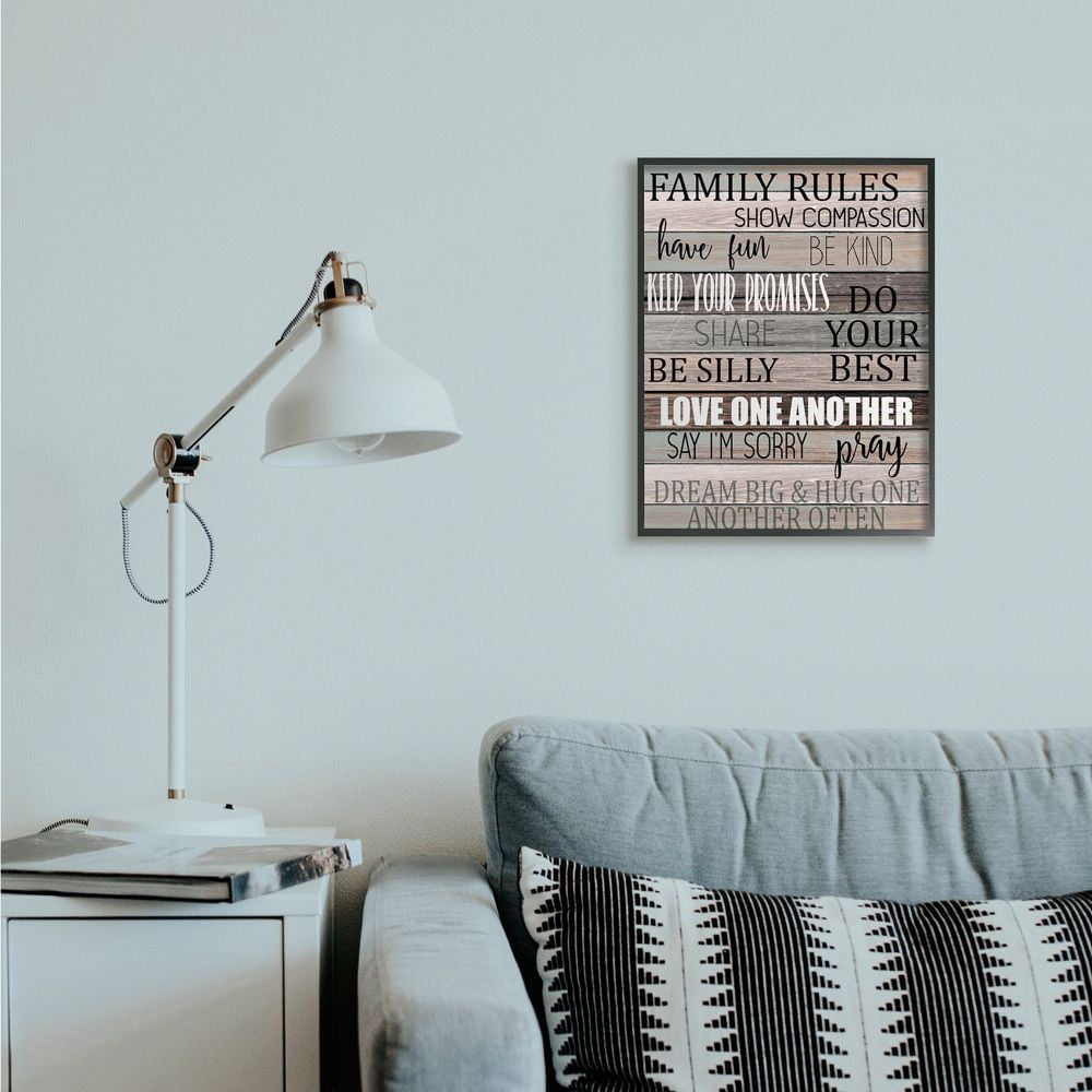 Stupell Industries Family Rules Text Fun Wood Grain Rustic Tan Teal Framed Wall Art Design by Kim Allen, 16" x 20", Black Framed
