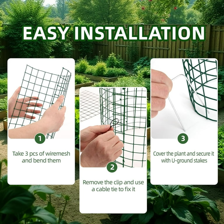 4 Sets DIY Metal Plant Protectors - 11.8x12.9 Inch Garden Fencing With Stakes & Cables
