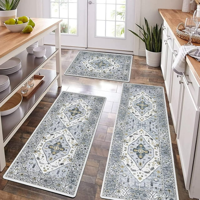 SURJDE Boho Kitchen Rugs Sets of 3 Farmhouse Kitchen Runner Rugs and Mats Non Skid Washable Kitchen Mats for Floor Cushioned Waterproof Kitchen Floor Mat Laundry Room Area Rug Runner Carpet