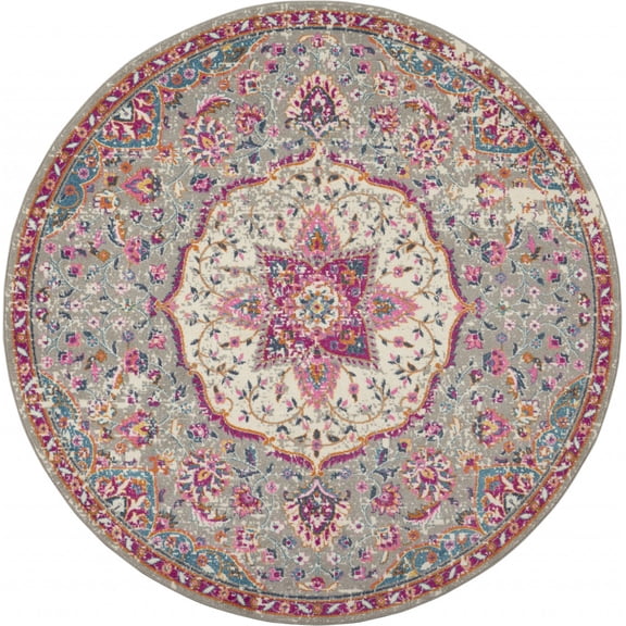 8â€™ Round Gray and Pink Medallion Area Rug