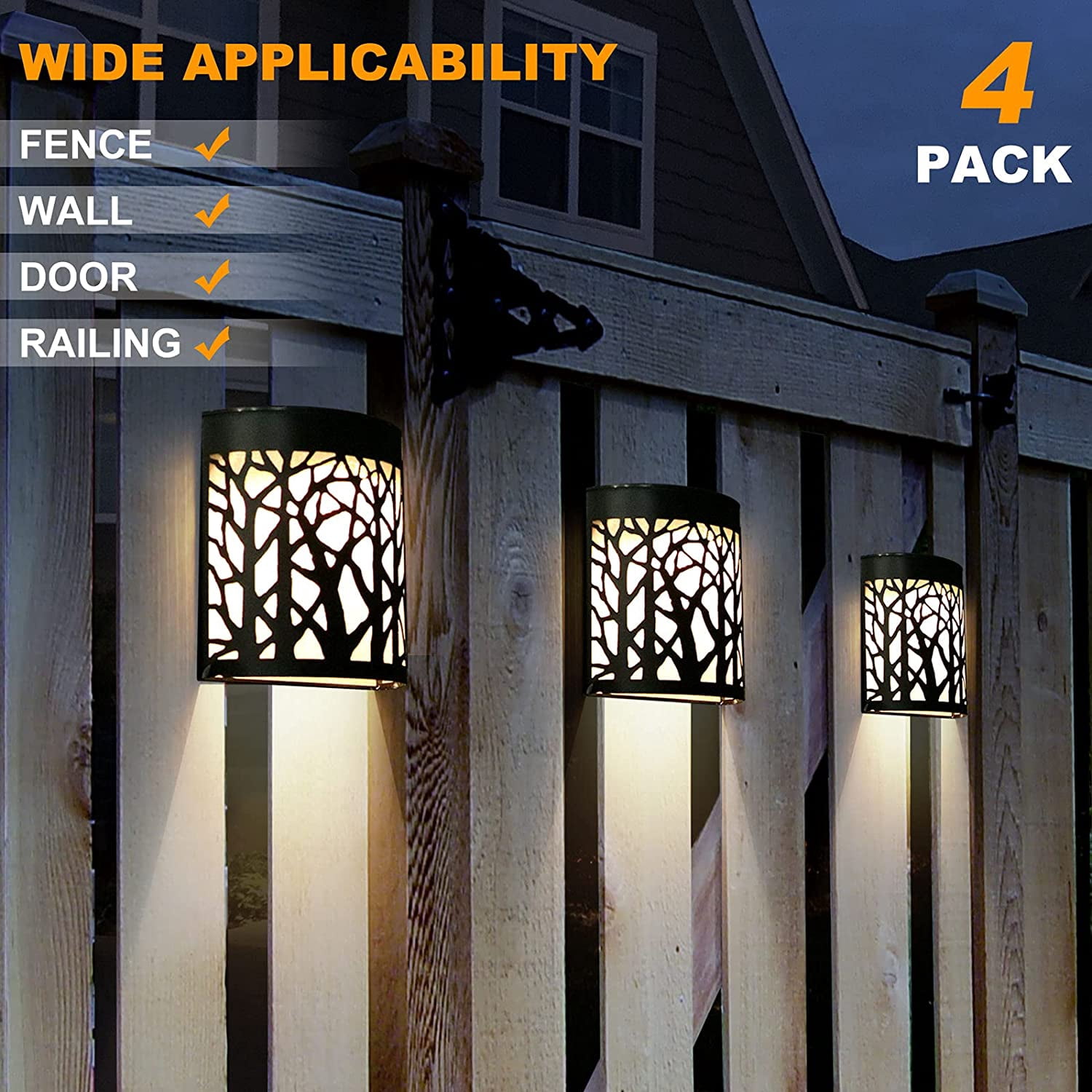 SQHQ Solar Wall Lights Outdoor Wall Sconce Fence Lighting for Patio Front Door Yard Deck Stair Led Forest Decorative Lamps, Waterproof, Warm White Color Changing (4 Pack)
