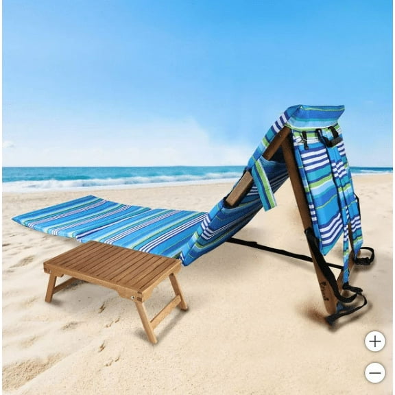 Melino Portable Beach Lounger with Acacia Wood Folding Table - Lightweight, Adjustable and Padded Backrest, Outdoor Chair with Backpack Straps and Large Pouch for Storage - Blue Stripe