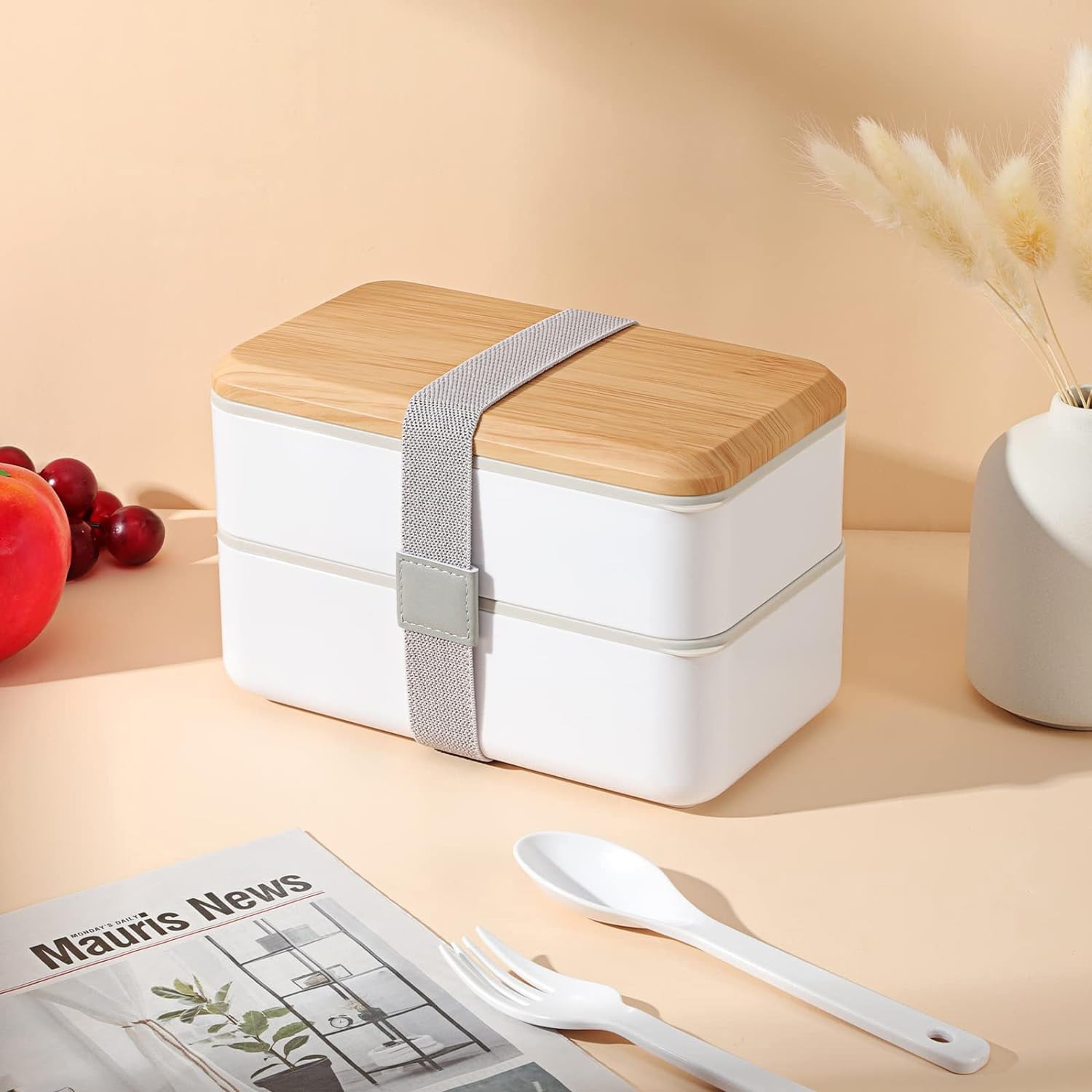 Bento Lunch Box,Adult Lunch Box with Compartments(47oz),Stackable Rectangle Lunchable Food Container with Utensil Set ,Sauce Container ,Leak-Proof Lunchbox - White